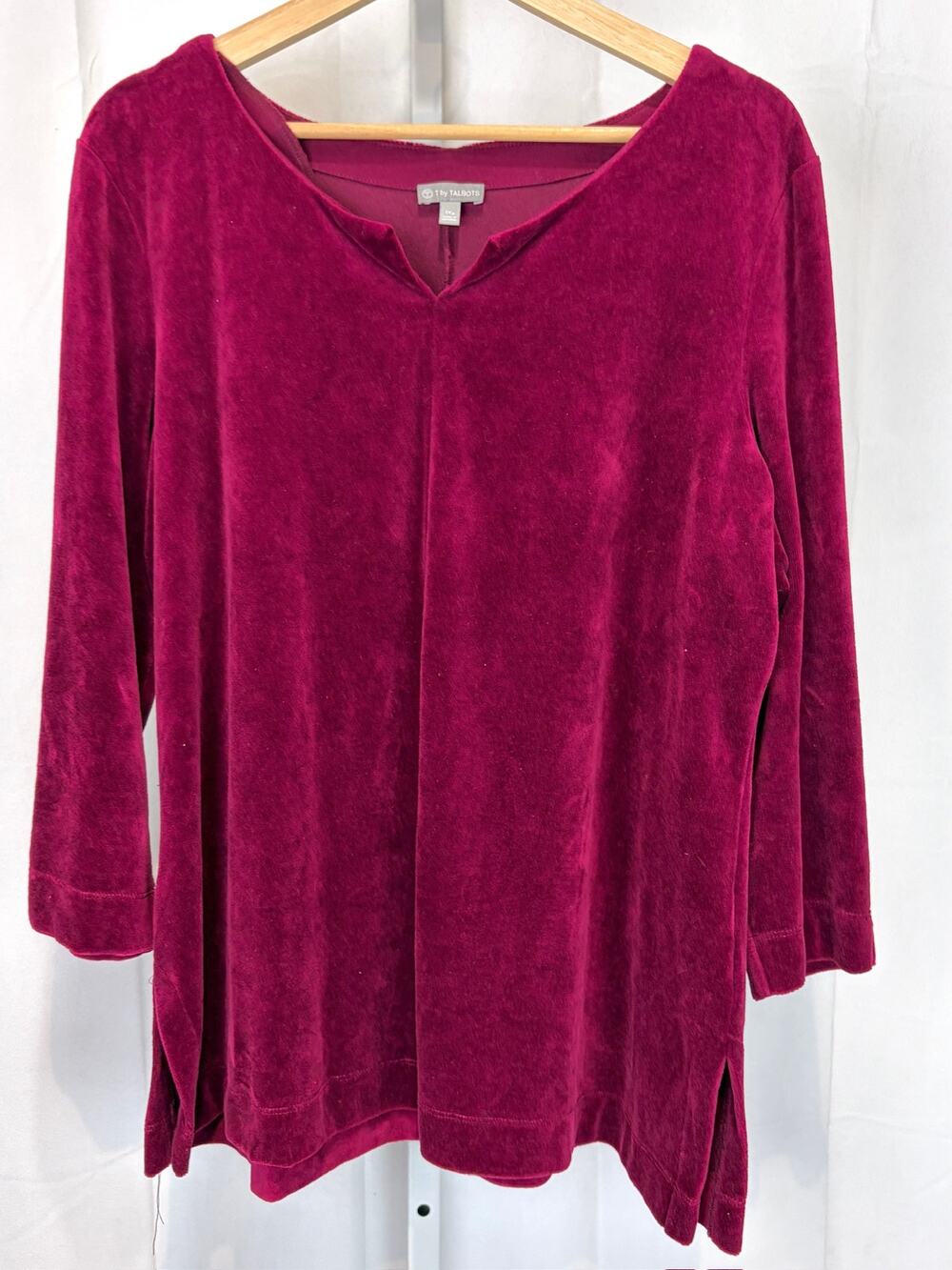 T by TALBOTS Velour Pullover Top V Neck 3/4 Sleeve Berry Red Petite Plus 1XP